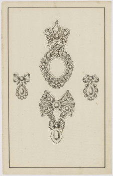 B512/22/3 - Design for a miniature portrait case, a bowknot jewel and two drop shaped jewels, Ontwerptekening voor een miniatuur portrethouder, een juweel in strikvorm en twee druppelvormige juwelen