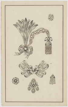 B512/22/5 - Design drawing for an aigrette, a bowknot jewel, and small flower jewels, Ontwerptekening voor een aigrette, een juweel in strikvorm en kleine bloemenjuwelen