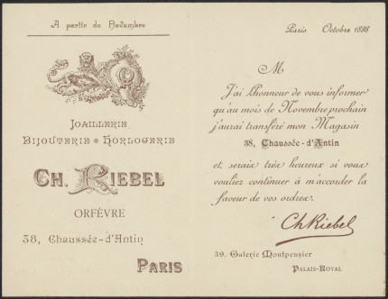 Aankondiging adreswijziging Ch. Riebel (Parijs)