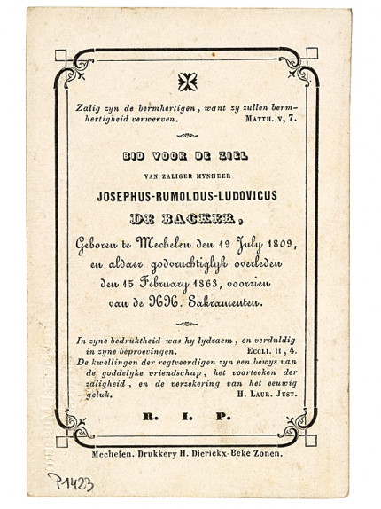 Doodsprentje van Josephus-Rumoldus-Ludovicus De Backer