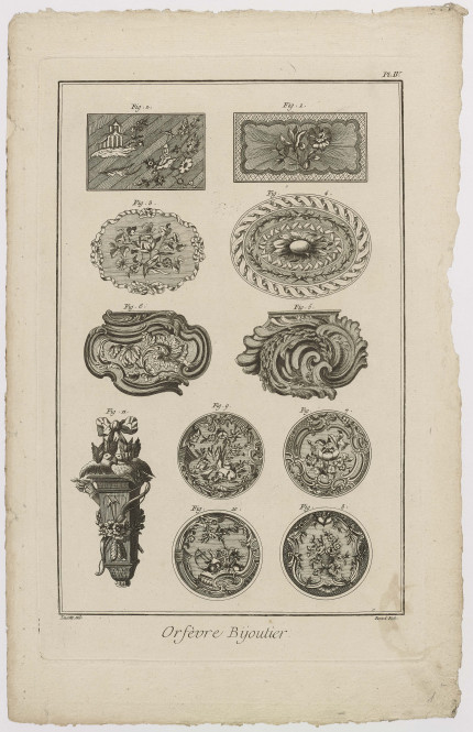 Ornamentprent uit Encyclopédie van Diderot en d'Alembert - Orfèvre Bijoutier plaat IV