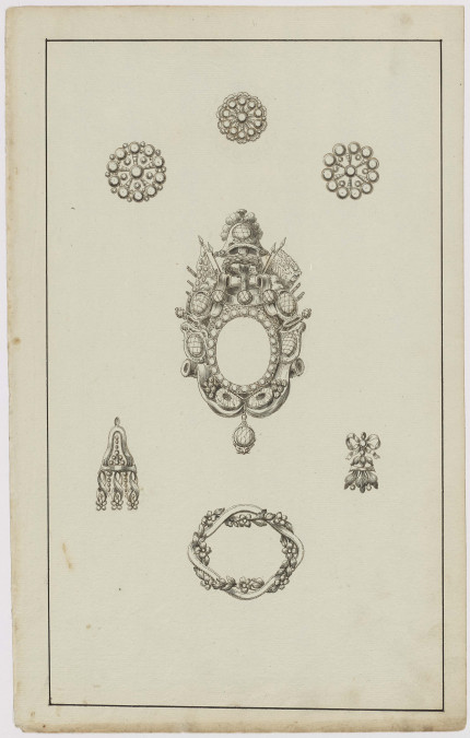 Ontwerptekening voor drie knopen, een houder voor een portret miniatuur, twee juwelen voor een chate