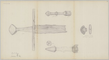 Potloodtekening van fragmenten van zwaarden
